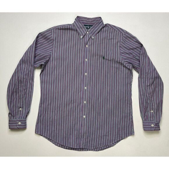 Polo Ralph Lauren Shirt Men Large Purple Green Pony Button Up Dress Striped - Picture 1 of 5
